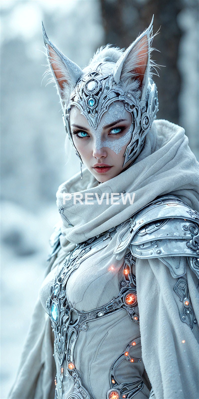 A woman dressed as a futuristic, armored feline warrior with glowing blue eyes, wearing an intricate silver and white costume with cat-like ears and a detailed headpiece, set against a snowy background.
